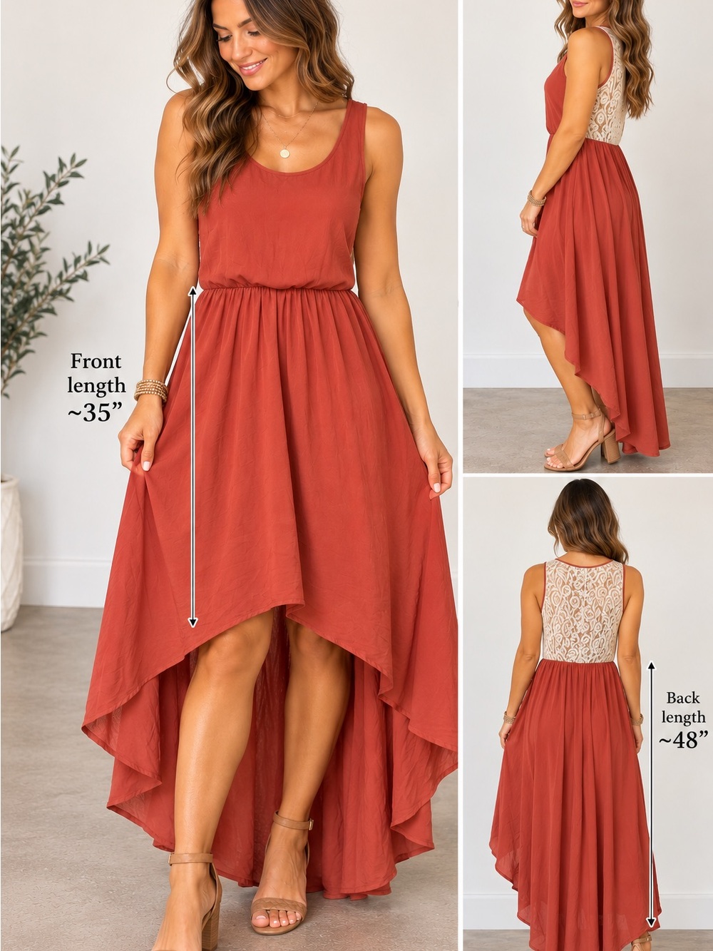 Love2 Rust High Low Maxi Dress Ivory Lace Back Size M